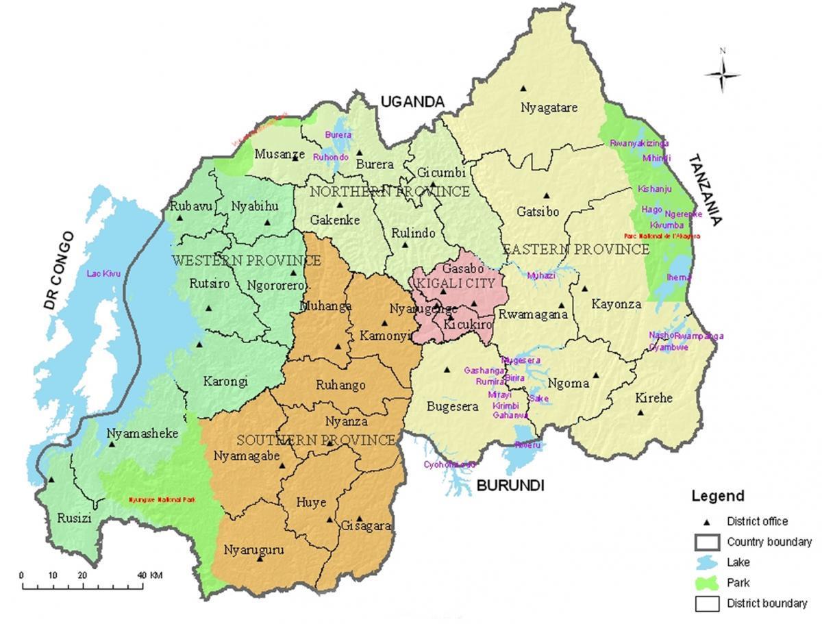 નકશો રવાંડા સાથે જિલ્લાઓ અને ક્ષેત્રીય